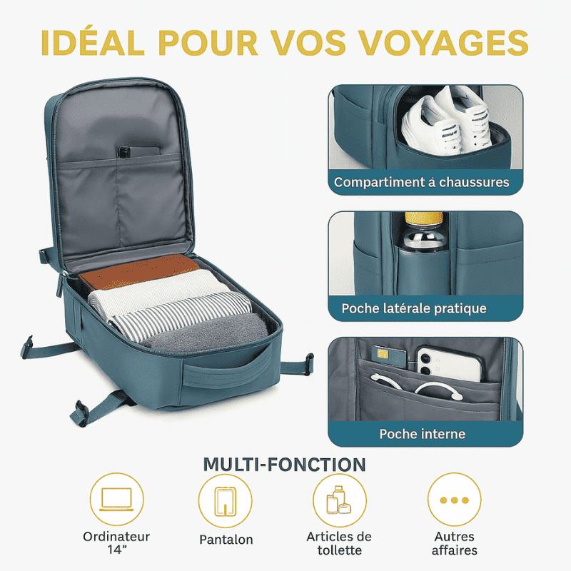 Sac à dos cabine bleu - compartiment chaussures – Format Ryanair, low cost – Cabinlow™