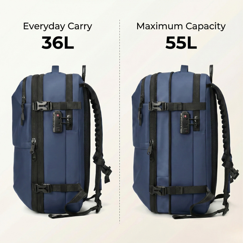Blue Vacuum Compression 55L Cabin Backpack overhead  Airline