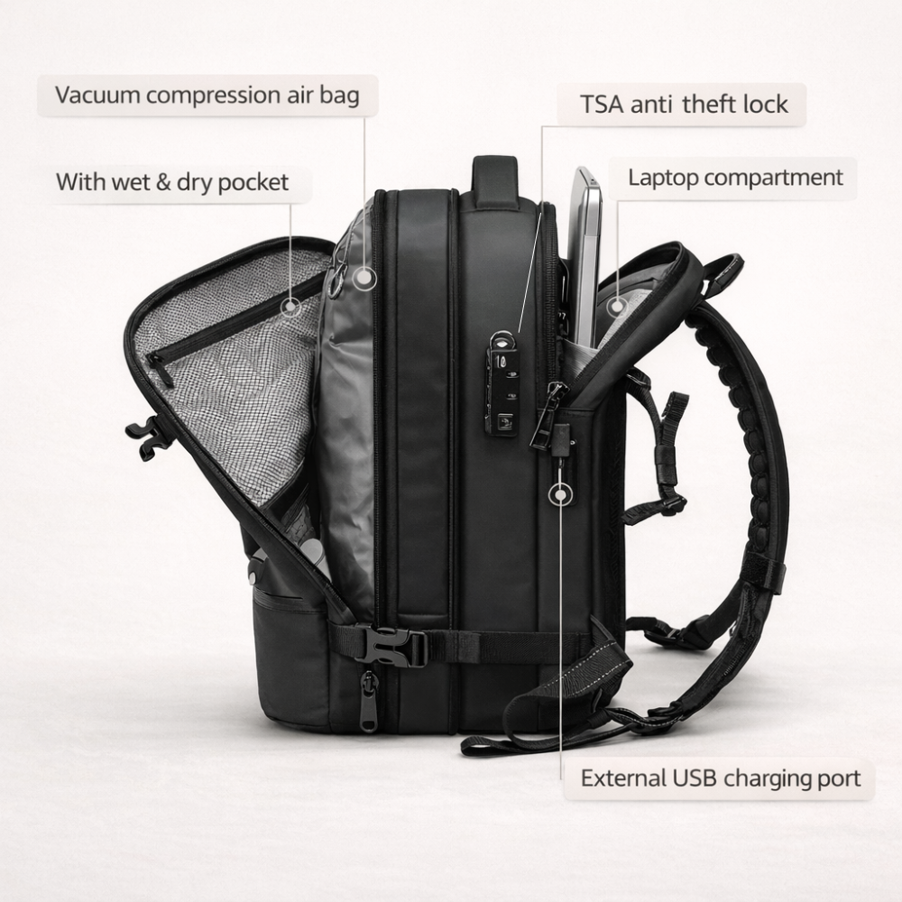 Black Vacuum Compression 40L Underseat Backpack 45×36×20