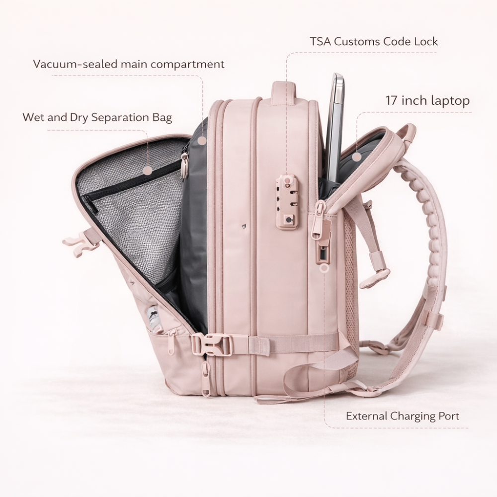 Pink Vacuum Compression 40L Underseat Backpack for Women 45×36×20