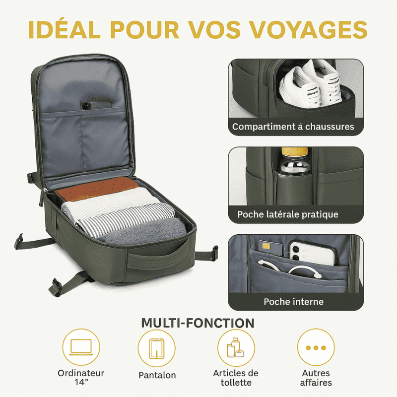 Sac à dos cabine noir - compartiment chaussures – Format Ryanair, low cost – Cabinlow™